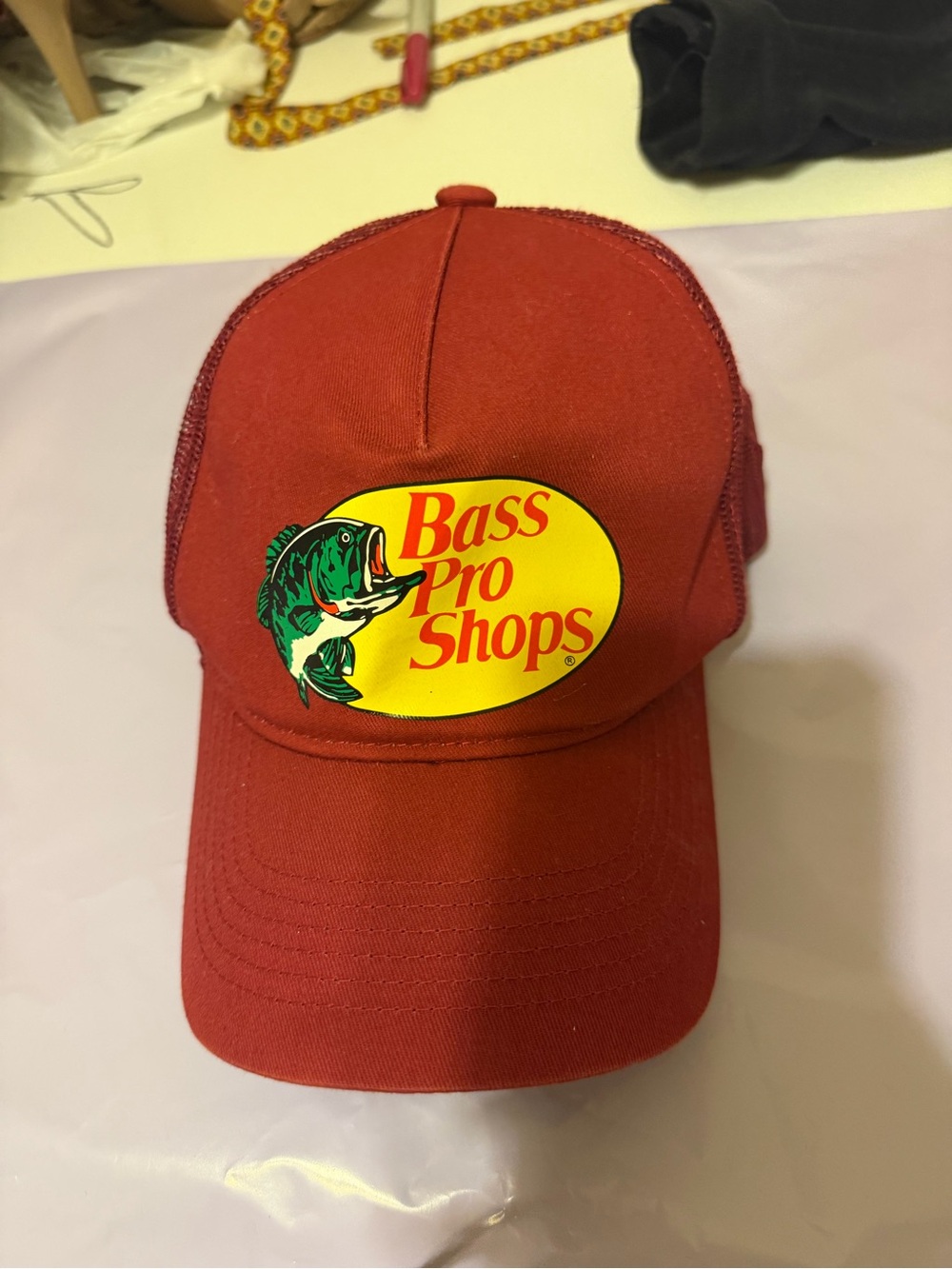 Bass Pro Shops Red Trucker Hat with Yellow Logo and Green Bass